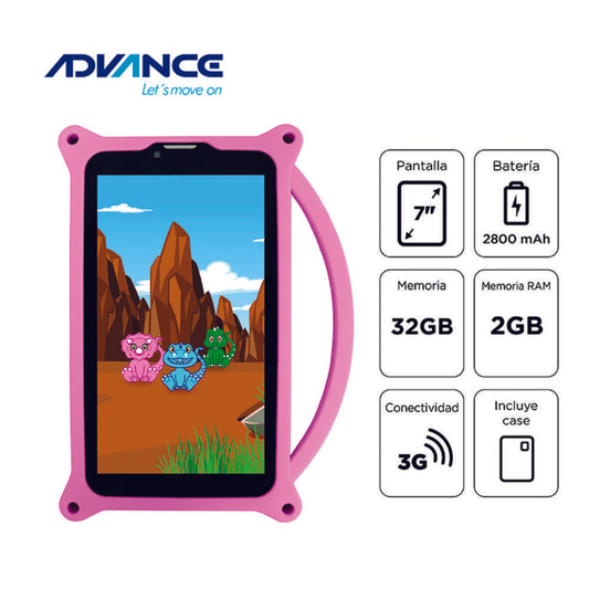 TABLET ADVANCE TR6955 7” – ANDROID 11, 32GB, 2GB RAM + FUNDA DINO ROSADO