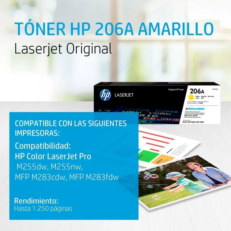 Tóner HP 206A Amarillo Original W2112A para Color LaserJet Pro M255 M282 M283