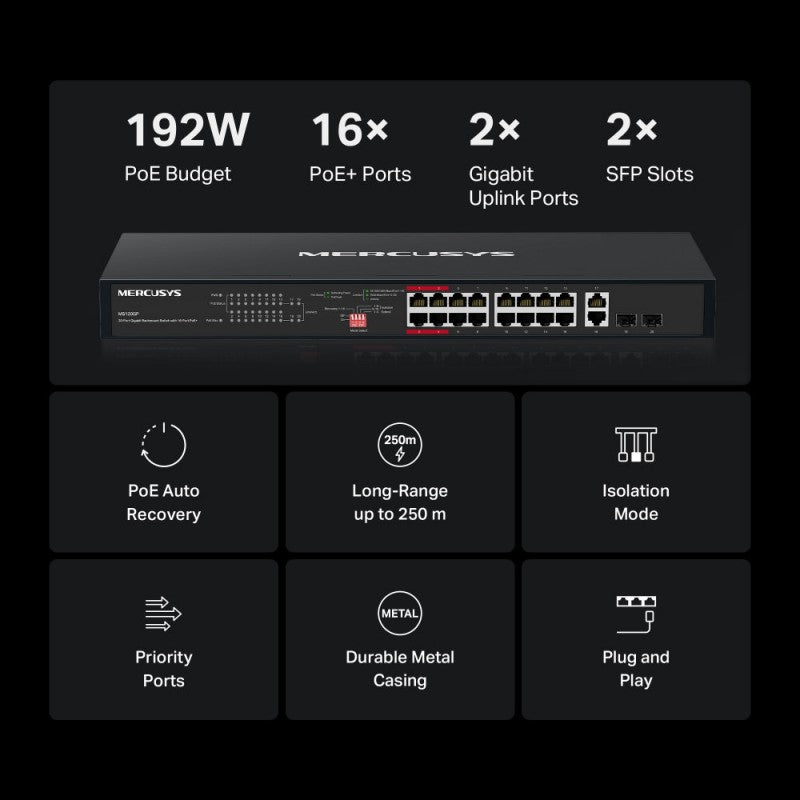 Mercusys MS120GP Switch Gigabit PoE+ 20 Puertos 192W Rack