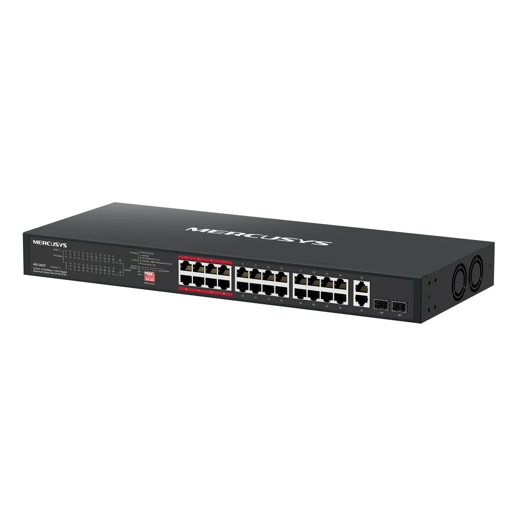 Mercusys MS126CP Switch PoE+ 24 Puertos Fast Ethernet + 2 Gigabit 295W Rack
