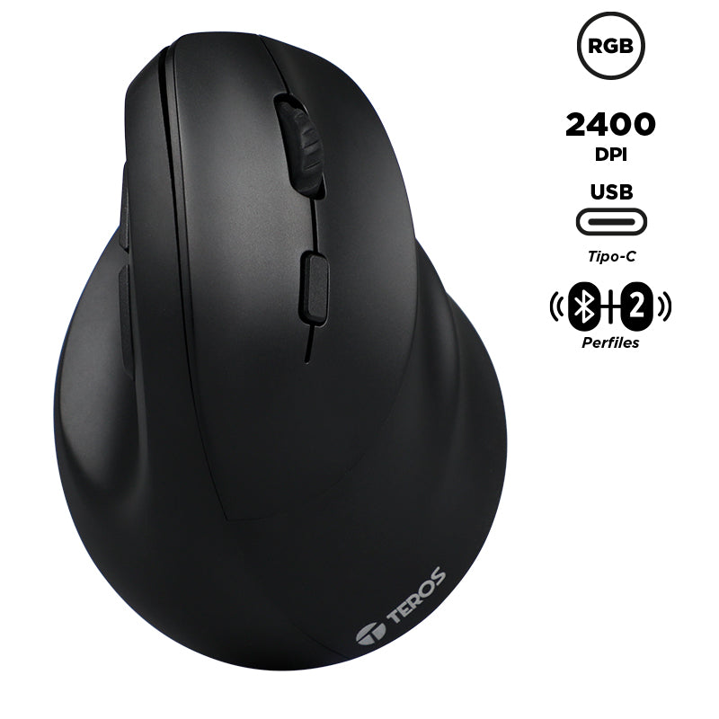 MOUSE TEROS TE-5169N, INALÁMBRICO DOBLE MODO: 2.4G+BLUETOOTH, 2400 DPI, VERTICAL, NEGRO