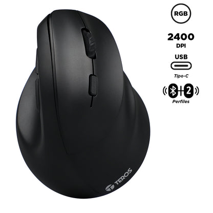 MOUSE TEROS TE-5169N, INALÁMBRICO DOBLE MODO: 2.4G+BLUETOOTH, 2400 DPI, VERTICAL, NEGRO