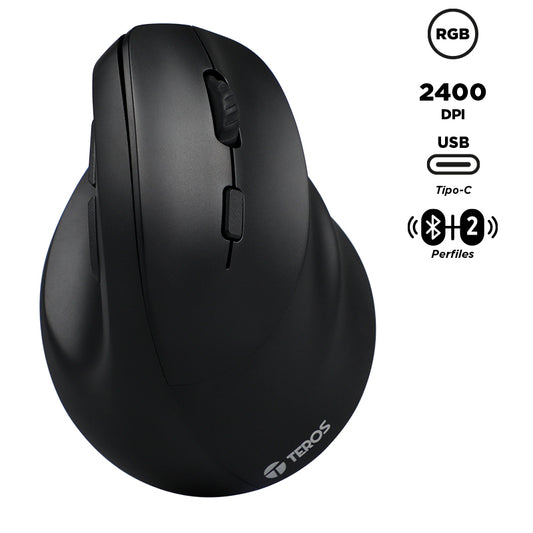 MOUSE TEROS TE-5169N, INALÁMBRICO DOBLE MODO: 2.4G+BLUETOOTH, 2400 DPI, VERTICAL, NEGRO