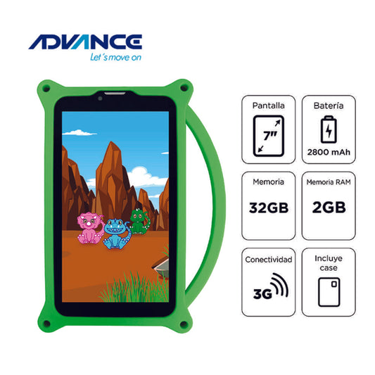 TABLET ADVANCE TR6955 7” IPS – ANDROID 11, 32GB, 2GB RAM + FUNDA DINO VERDE