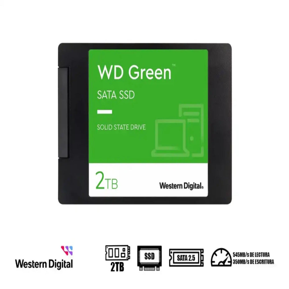 UNIDAD EN ESTADO SOLIDO WESTERN DIGITAL GREEN, WDS200T2G0A, 2TB, SATA 6GB/S, 2.5", 7MM.