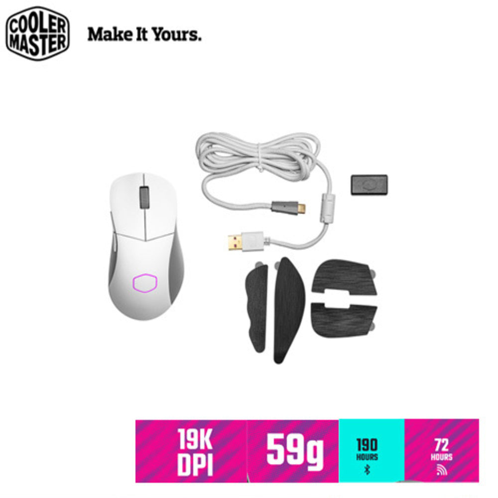 Mouse Cooler Master MM731 híbrido inalámbrico y cableado, óptico, 19000 DPI, 6 botones, blanco mate