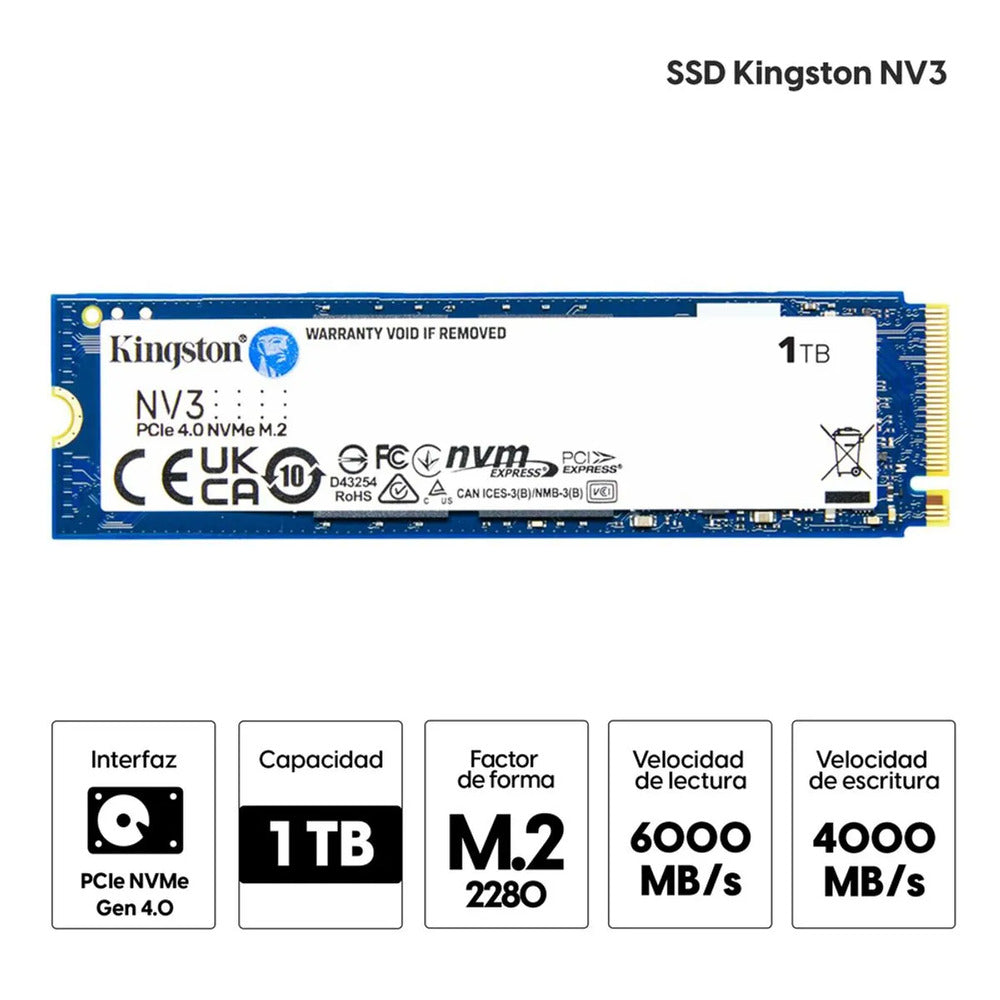 UNIDAD EN ESTADO SOLIDO KINGSTON 1000GB NV3 PCIE 4.0 NVME M.2 SSD