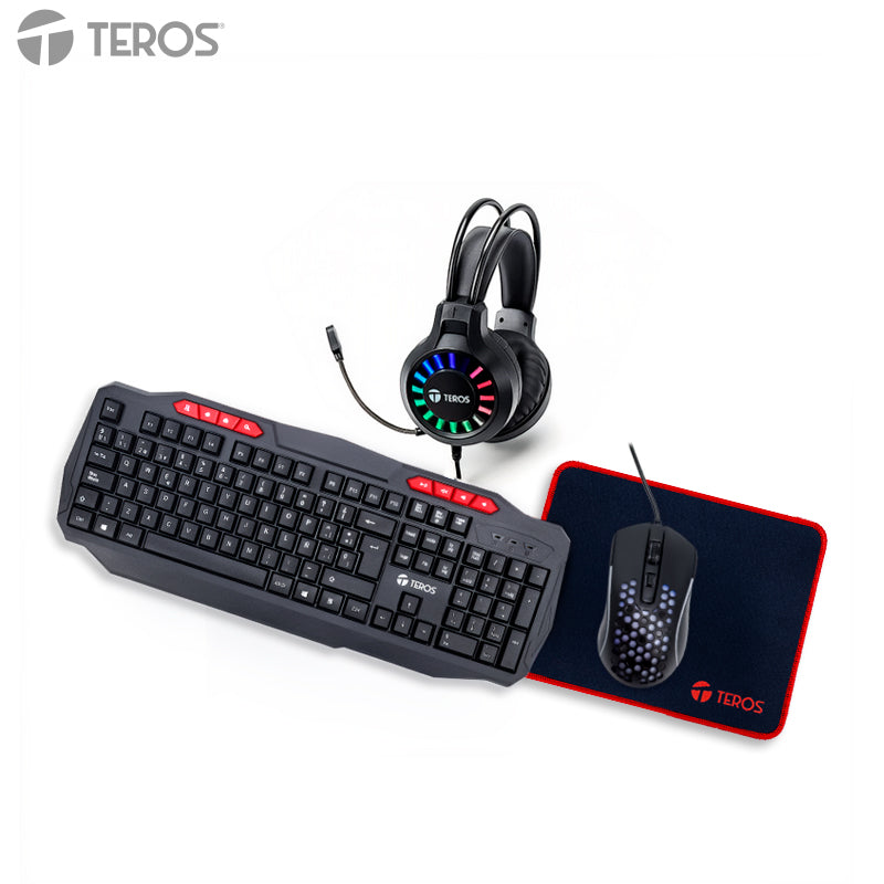Kit Gamer TEROS TE-5014S 4 en 1 Teclado Mouse Audífonos Mousepad RGB USB