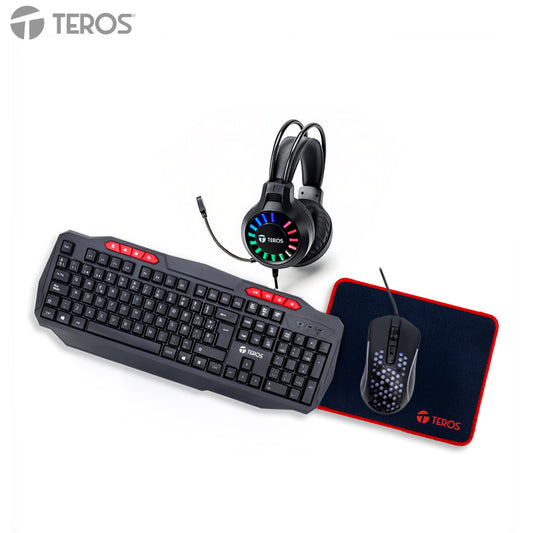 Kit Gamer TEROS TE-5014S 4 en 1 Teclado Mouse Audífonos Mousepad RGB USB