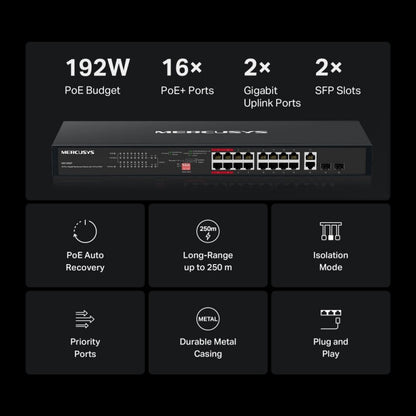Mercusys MS120GP Switch Gigabit PoE+ 20 Puertos 192W Rack