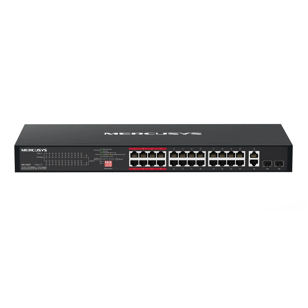 Mercusys MS126CP Switch PoE+ 24 Puertos Fast Ethernet + 2 Gigabit 295W Rack