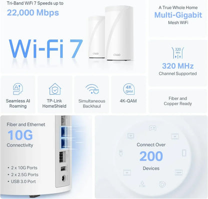 TP-Link Deco BE85 BE22000 Sistema Wi-Fi Mesh 7 Tri Band 10GbE 2-Pack