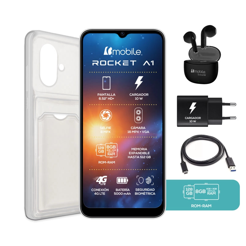 Smartphone Bmobile Rocket A1 4GB 128GB 4G LTE Gris Dual SIM 6.52" 120Hz