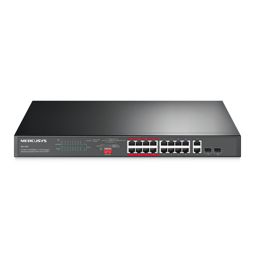 Mercusys MS118CP Switch PoE+ 16 Puertos Fast Ethernet + 2 Gigabit 190W