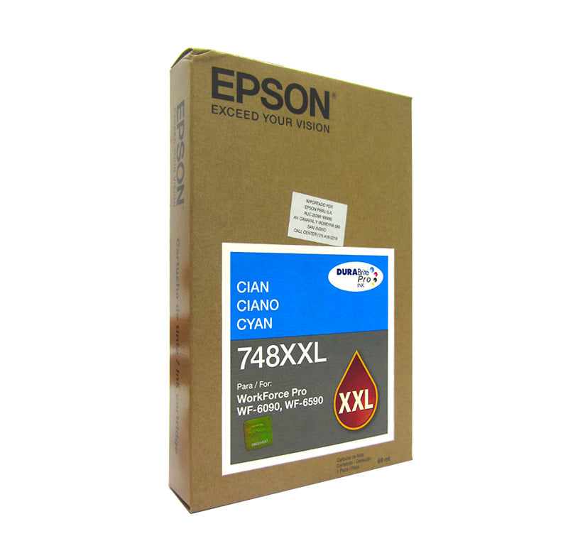 Cartucho de Tinta Epson 748XXL Cyan T748XXL220 Alta Capacidad para WorkForce Pro WF-6090 WF-6590 WF-8090 WF-8590