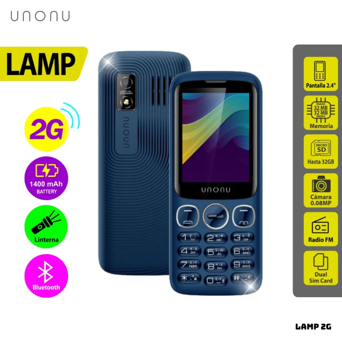 Celular UNONU LAMP 2G Dual SIM 1.77" Negro Básico