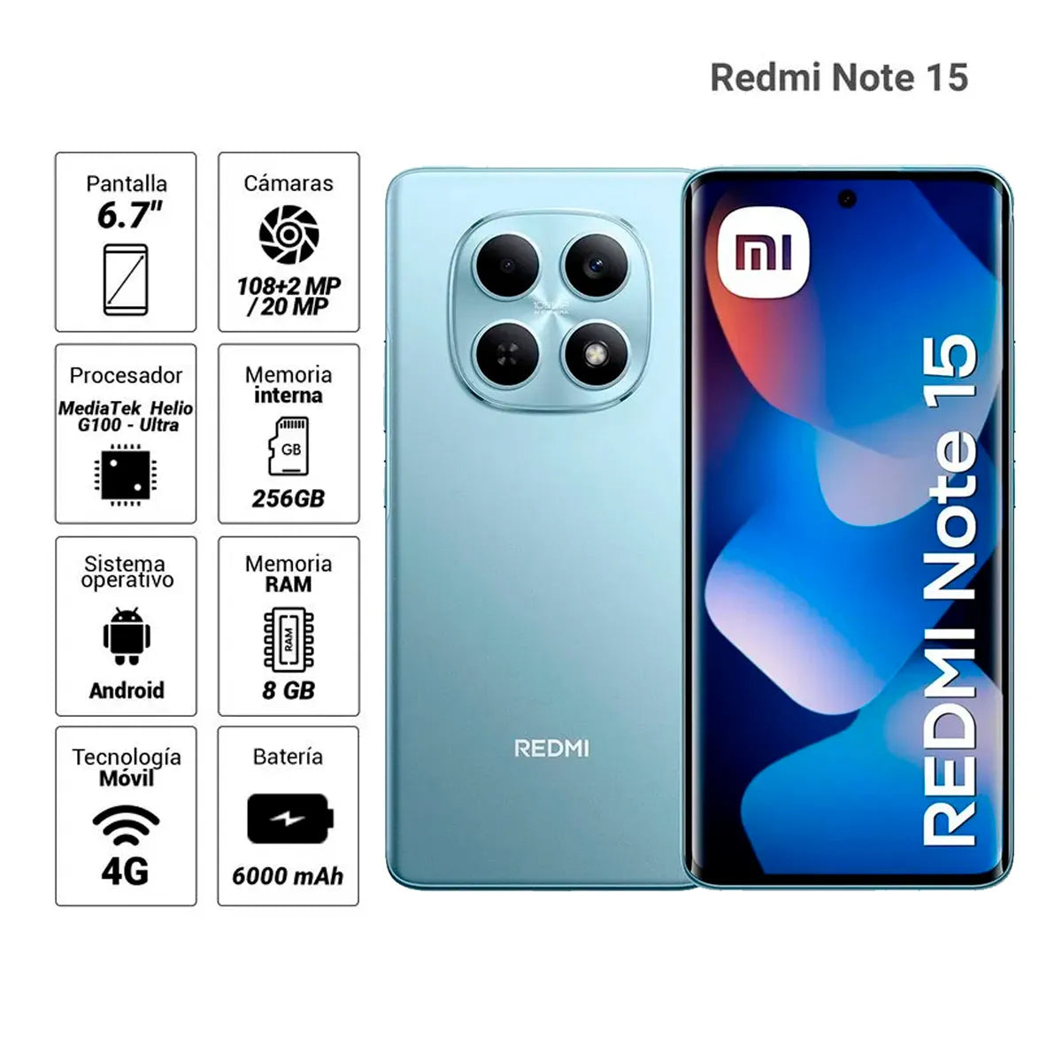 Celular Xiaomi Redmi Note 15 8GB RAM 256GB 4G LTE AMOLED 6.77” Azul Glaciar
